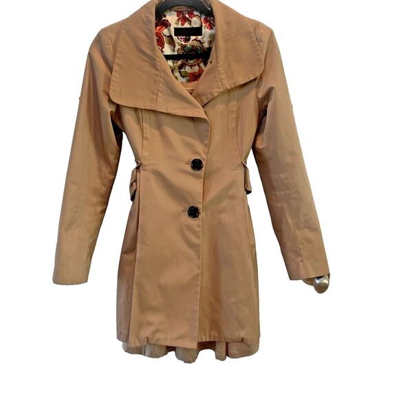 Steve Madden Trench Coat Women Petite Small Beige Pleated Belt Waist Rain Jacket - Picture 2 of 11